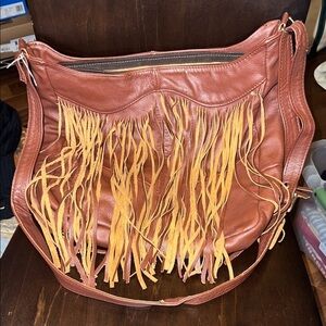 Fringe Leather Shoulder Bag - Brown